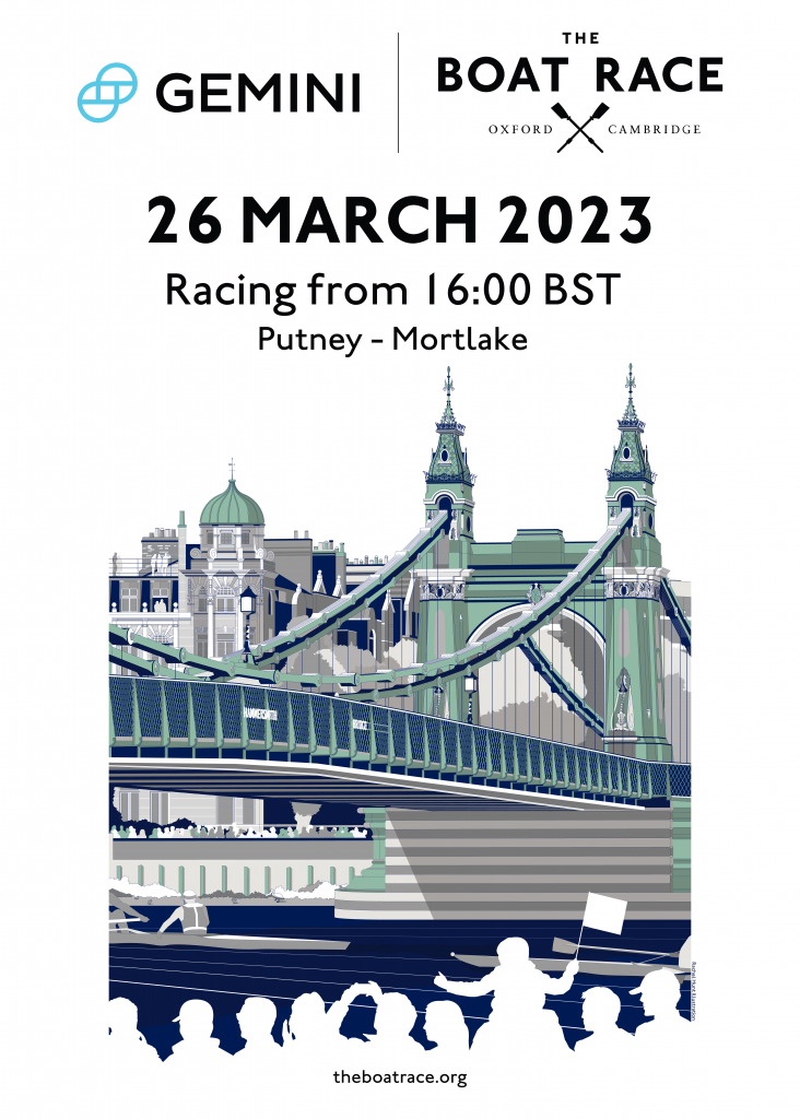 An illustration of The Boat Race passing underneath Hammersmith Bridge 