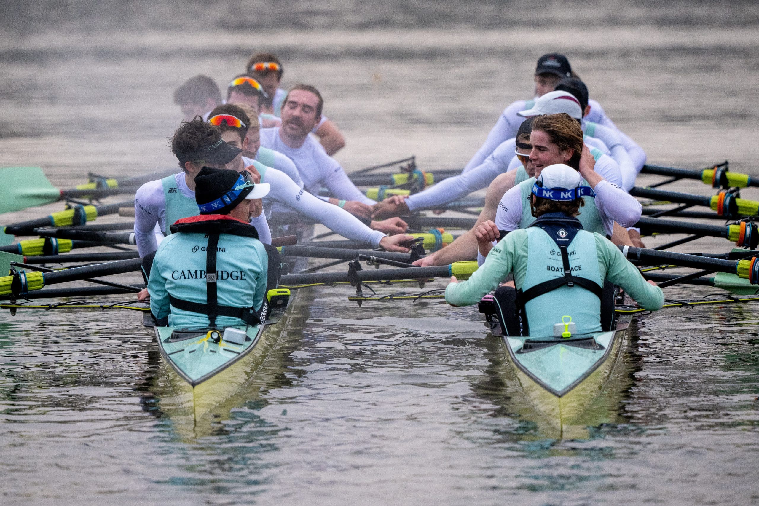 Cambridge Men's Squads 'Youth' and 'Experience' raft up together after Trial Eights on 12 December 2022