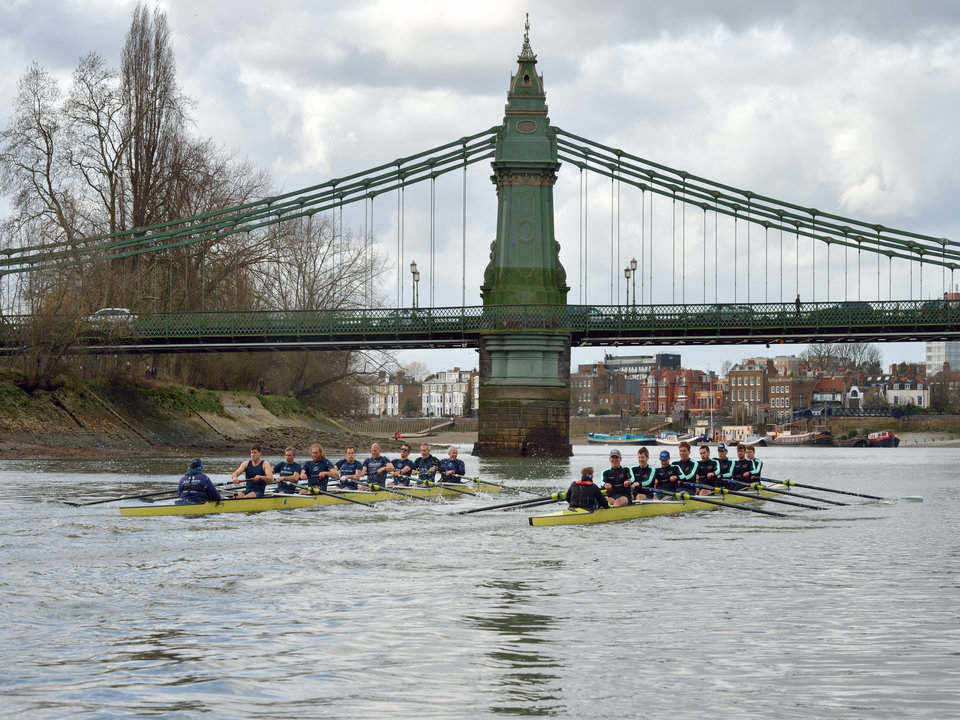 The Veterans Boat Race 2018 approaching Hammersmith Bridge